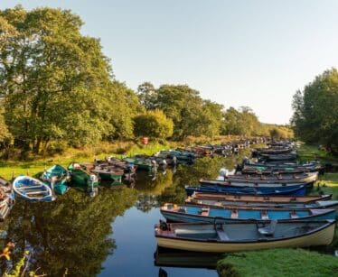 Rows of small boats are moored along a narrow, calm river surrounded by green trees and grass under a clear sky.