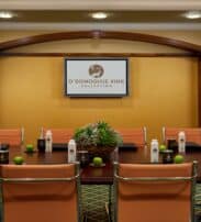 Conference room with beige chairs, a table set with bottled water, apples, notebooks, and succulent centrepieces, and a screen displaying "O'Donoghue Ring Collection.