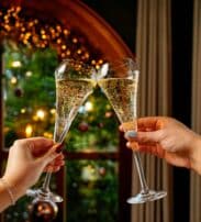 Two hands clink champagne glasses in front of a window with festive holiday lights and a decorated Christmas tree in the background.