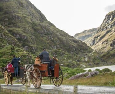 Two horse-drawn carriages with passengers travel along a tarmacked road through a mountainous, green valley landscape.