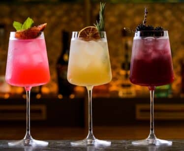 Three cocktails in wine glasses with ice, each garnished differently: one with a strawberry and mint, one with dried citrus and rosemary, and one with blackberries and a twig.