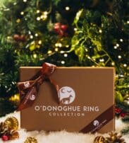 A brown gift box with a ribbon labelled "O'Donoghue Ring Collection" sits on snow with pine cones and a decorated Christmas tree in the background.