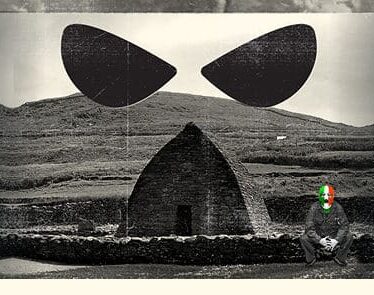 Black and white image of stone huts in a rural landscape; large black shapes resembling angry eyes overlay the scene, with a person sitting in front, face obscured by coloured markings.