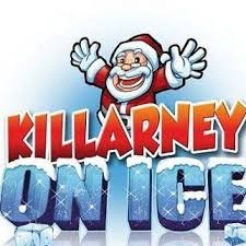 Cartoon Father Christmas with raised arms above bold text reading "Killarney On Ice" with ice and snow effects on the letters.