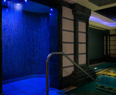 A tiled indoor shower with blue lighting is next to a swimming pool, separated by a metal railing and surrounded by dark columns and decorative walls.