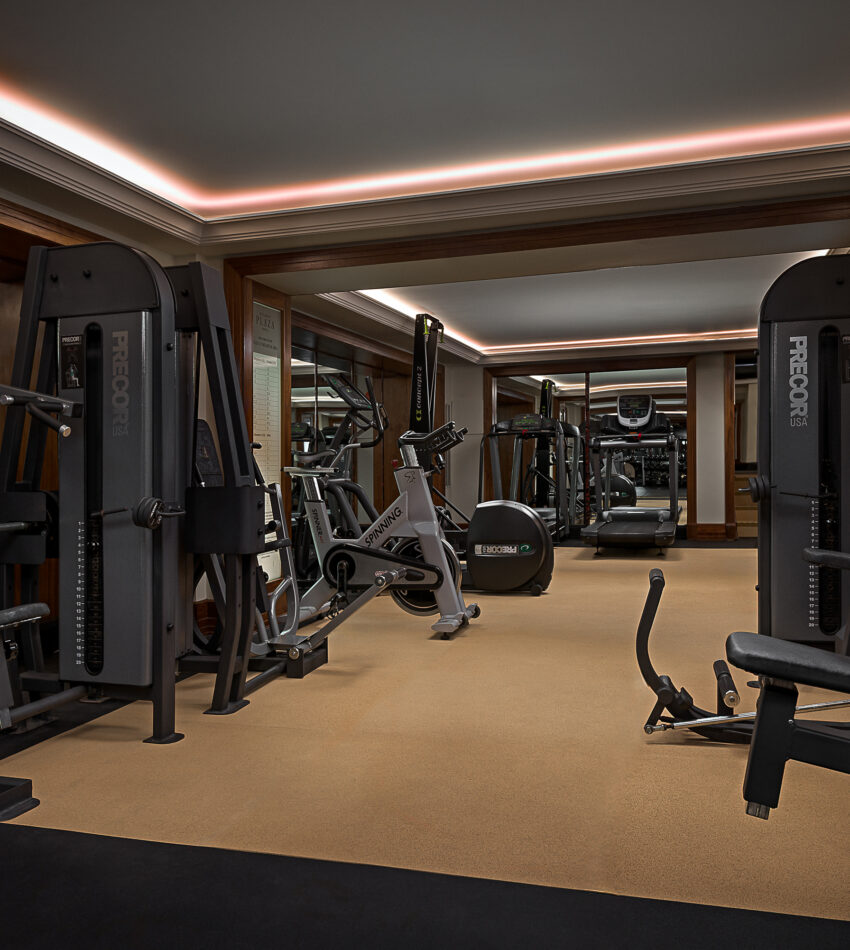 Modern gym room with various exercise machines, including weight equipment and stationary bikes, set on a carpeted floor with mirrors along the walls.