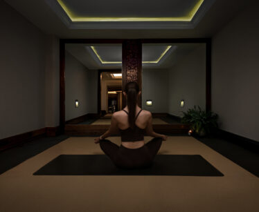 A person sits cross-legged on a yoga mat in a dimly lit room, facing large mirrors, with lights on the walls and a potted plant to the right.