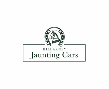 Logo for Killarney Jaunting Cars featuring a horse inside a horseshoe above the company name in a rectangular border on a white background.