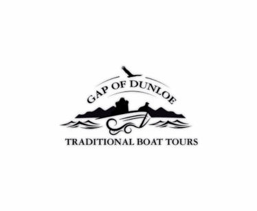 Logo for "Gap of Dunloe Traditional Boat Tours" featuring a boat, mountains, a bird, and water waves, all in black and white.