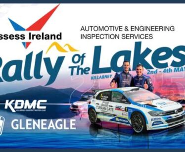 Promotional poster for the Rally of the Lakes event in Killarney, 2nd–4th May, featuring a rally car and logos of sponsors and organisers.