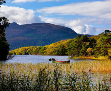 A small boat floats on a lake surrounded by tall grass and dense green trees, with mountains and a partly cloudy sky in the background.