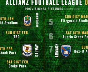 Green fixture list graphic for the Allianz Football League displays Kerry GAA's provisional matches against Roscommon, Galway, Armagh, and others, with dates and venues in early 2020.