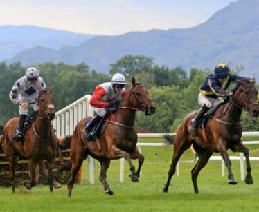 Three jockeys riding horses compete in a steeplechase race on a grassy track with mountains and trees in the background.