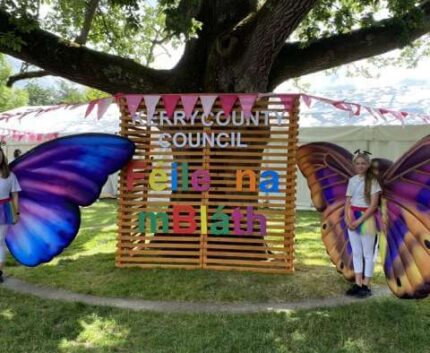 Guests enjoy vibrant festival with colourful butterfly wings and charming outdoor setting at hotel garden.