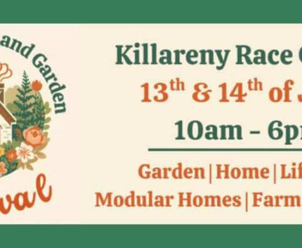 Killarney Race Course house and garden festival banner with event dates and times in vibrant floral design.