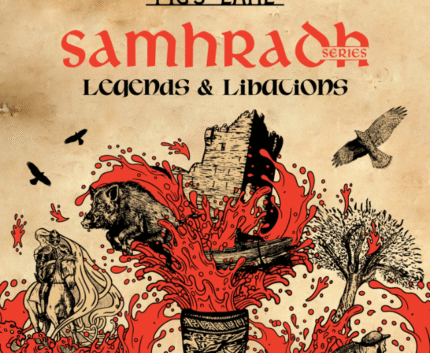 Artistic medieval-themed poster with vibrant red and black illustrations, featuring mythical creatures and Celtic symbols.