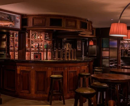 Cosy hotel bar with elegant wooden decor and plush seating, offering a wide selection of spirits for a relaxing evening.