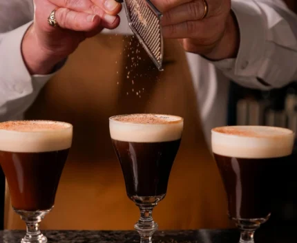 Three Irish coffees expertly crafted at hotel's elegant bar, showcasing artisanal hospitality and warm guest experiences.