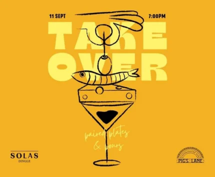 Guests enjoy stylish event flyer for 'Take Over' at Solas Dingle, featuring playful hand-drawn cocktail art on a vibrant backdrop.