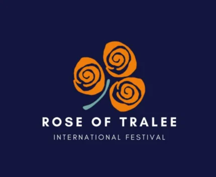 Elegant Rose of Tralee Festival logo against blue backdrop, showcasing vibrant orange roses and text.