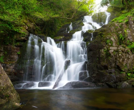 Serene waterfall cascading over rocks in lush green forest, creating a tranquil retreat near hotel accommodations.