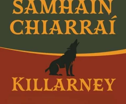 Logo depicting howling wolf silhouette with "Samhain Chiarraí Killarney" text on green and red background.