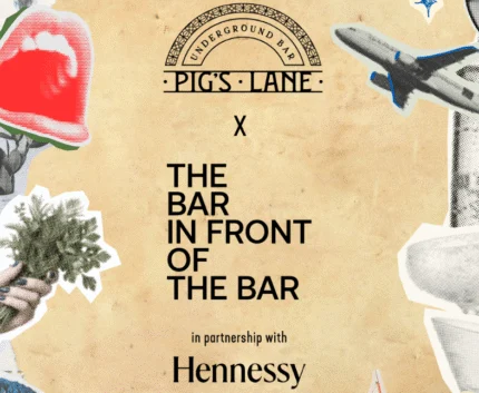 Stylish hotel bar poster with an aeroplane, abstract art, and a Hennessy partnership, evoking a vibrant travel theme.